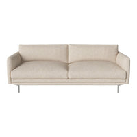 Beige upholstered sofa with a minimalist design and soft, smooth fabric texture. Ideal for modern living spaces.