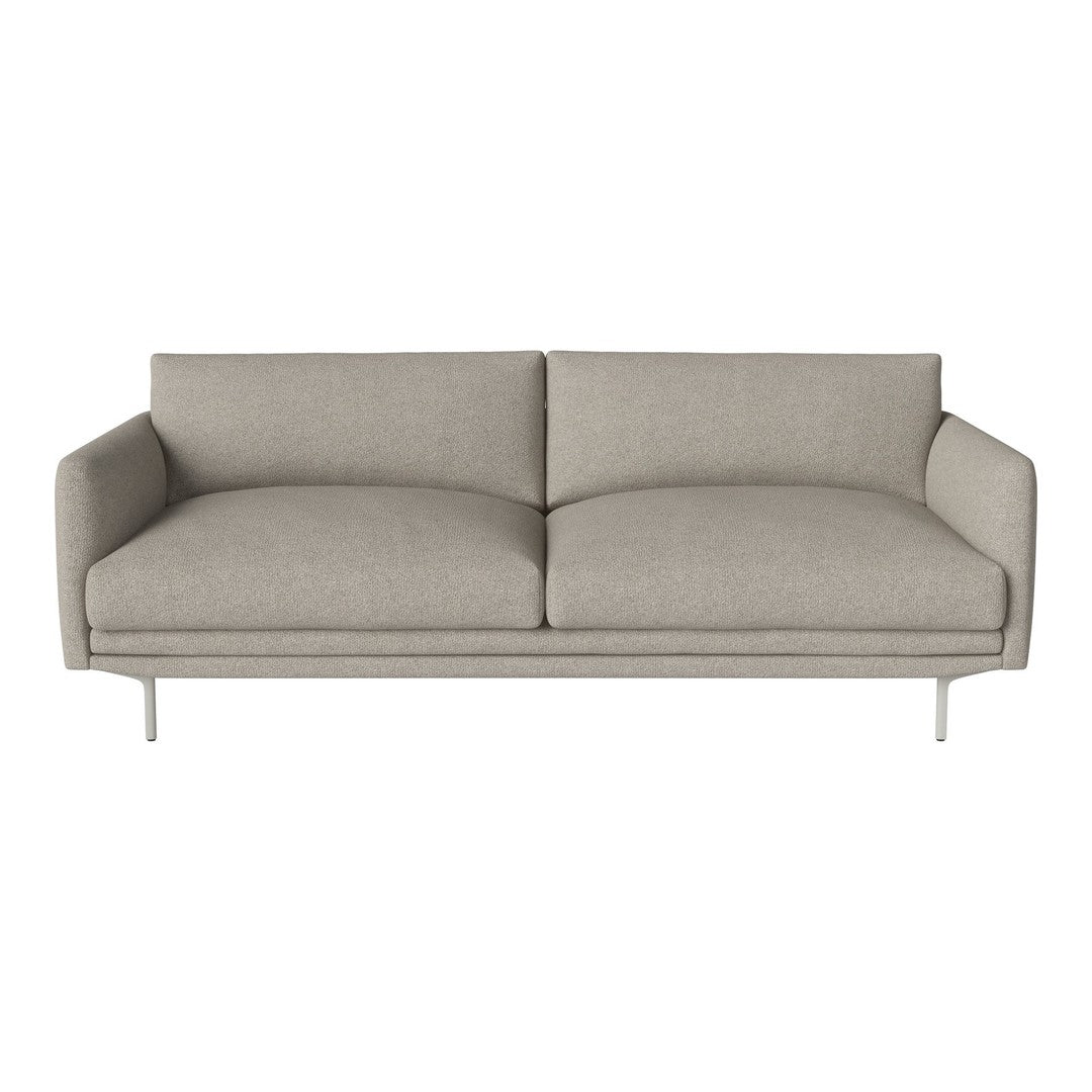 Light gray sofa with smooth fabric and minimalist design, featuring sleek lines and subtle texture.