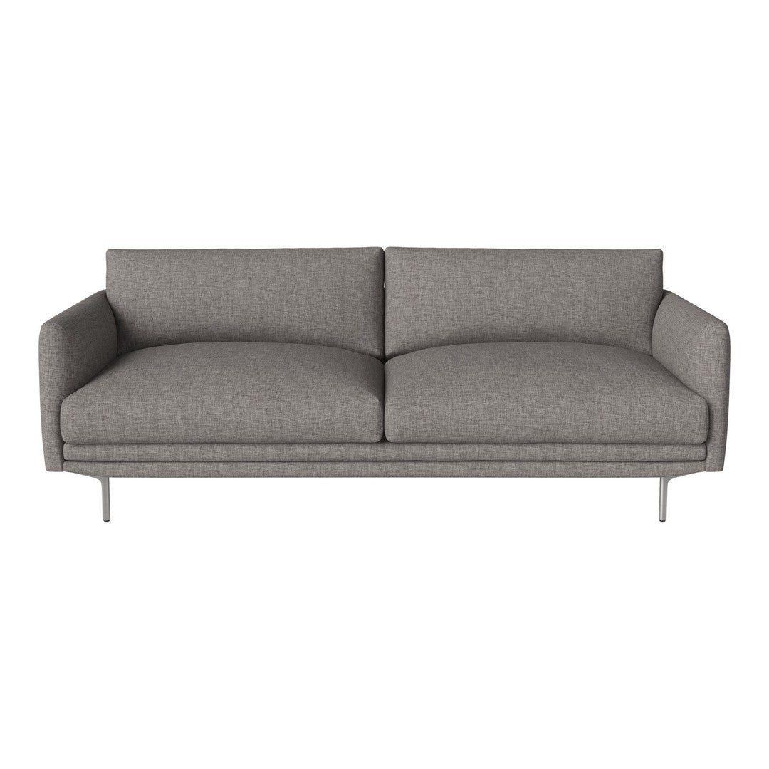Modern gray sofa with smooth fabric and minimalistic design, featuring two plush cushions and sleek metal legs.