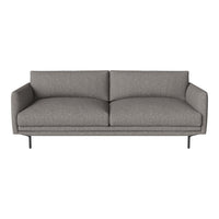 Gray mid-century modern sofa with a smooth fabric finish and sleek black metal legs.
