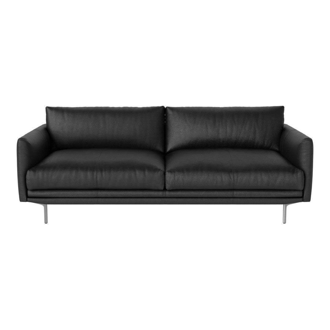 Sleek black leather sofa with smooth texture and minimalist design, ideal for modern living spaces.