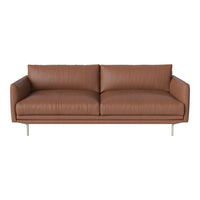 Brown leather sofa with a smooth texture and minimalist design, featuring clean lines and modern silver legs.