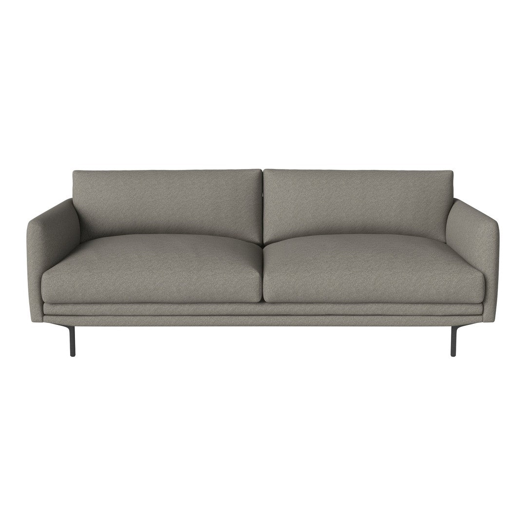 Gray upholstered sofa with clean lines and smooth fabric, complemented by sleek black metal legs. Perfect for modern decor.