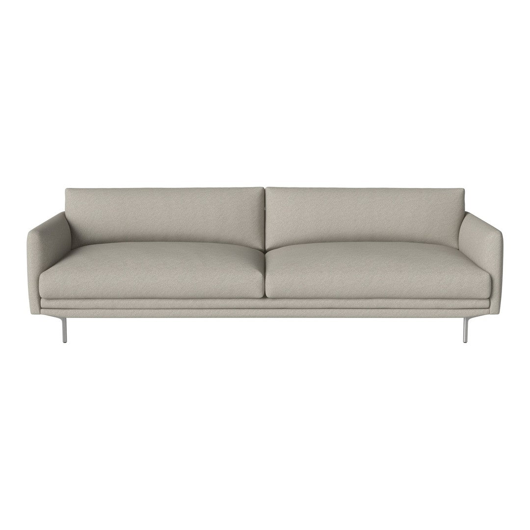 Light grey minimalist sofa with smooth fabric and clean lines, featuring a contemporary design on slender metallic legs.