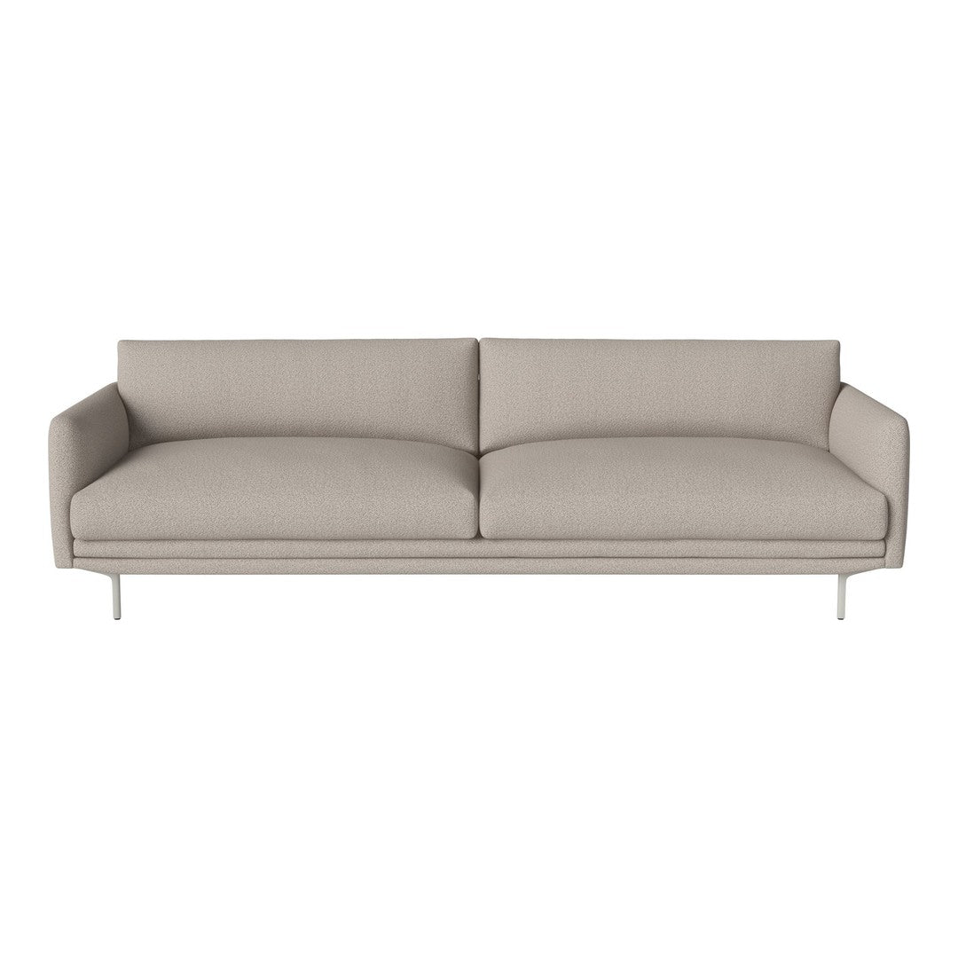 Light beige modern sofa with smooth upholstery and minimalist design, featuring subtle textured fabric and sleek, silver legs.