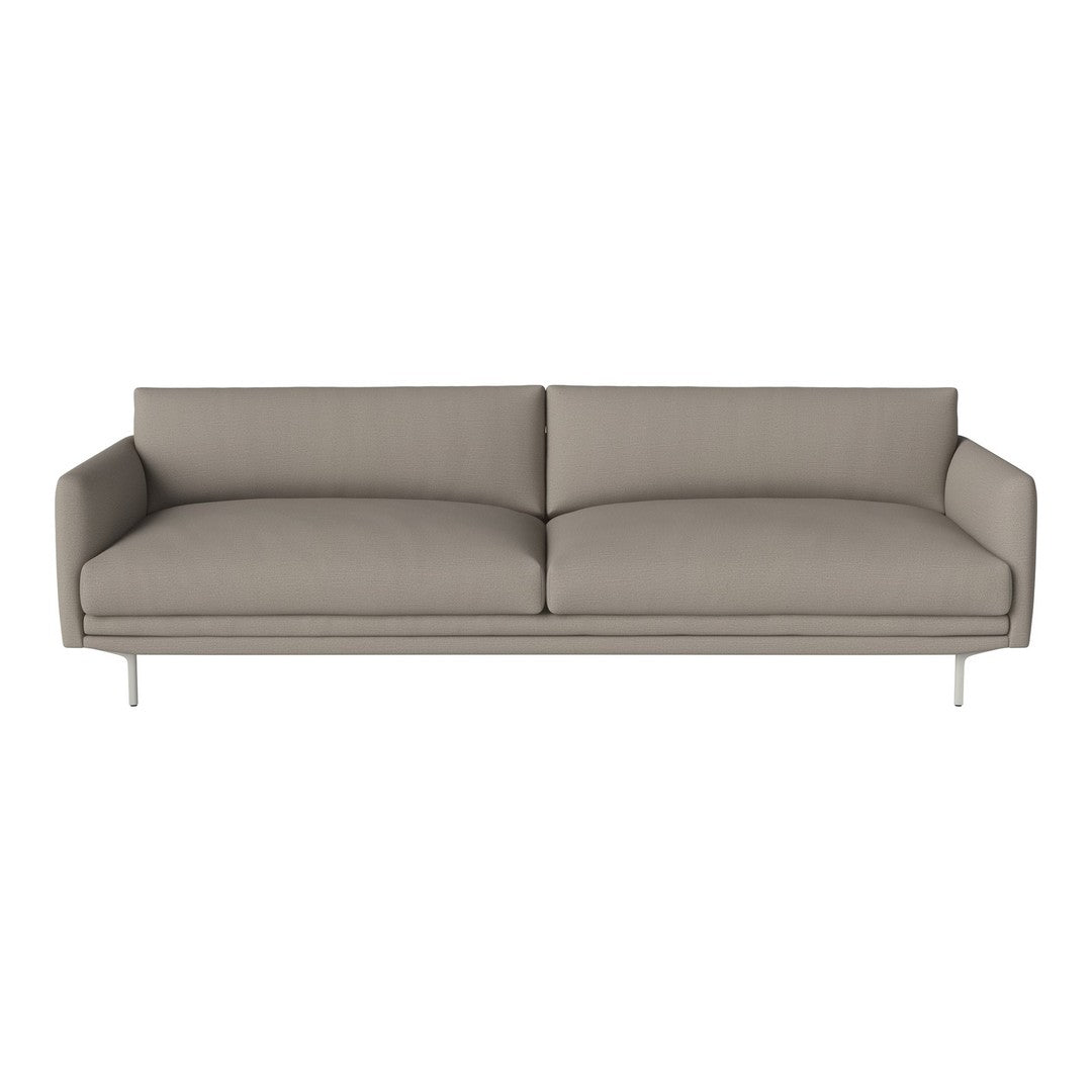 Light gray modern sofa with smooth fabric and clean, minimalistic lines on a sleek metal base.