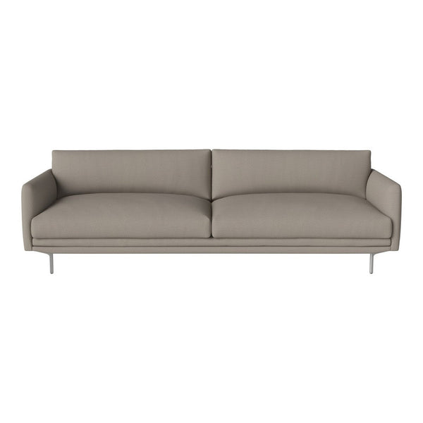 Modern beige sofa with a sleek, minimalist design and clean lines. Soft upholstery and silver legs enhance elegance.