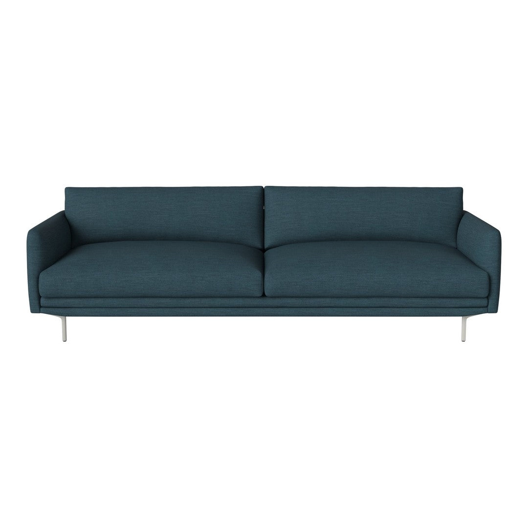 Teal upholstered sofa with a minimalist design and sleek silver legs, featuring a smooth, solid color pattern.