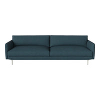 Teal upholstered sofa with a minimalist design and sleek silver legs, featuring a smooth, solid color pattern.