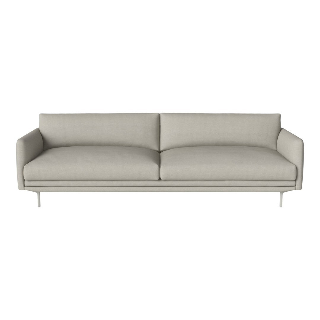 Light gray modern sofa with smooth fabric and minimalist design, featuring clean lines and no visible patterns.