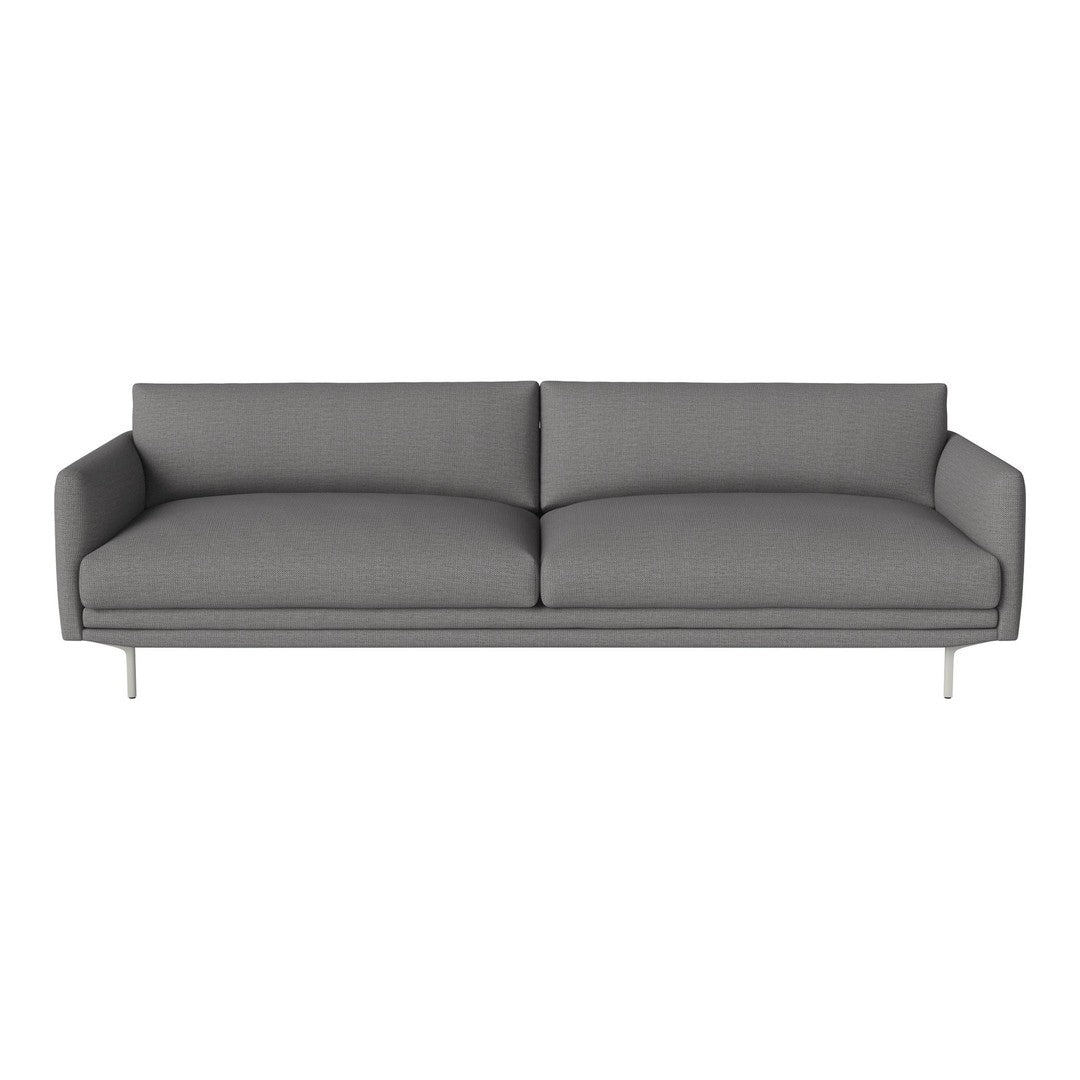 Gray upholstered sofa with a modern design, featuring clean lines and a minimalist pattern.