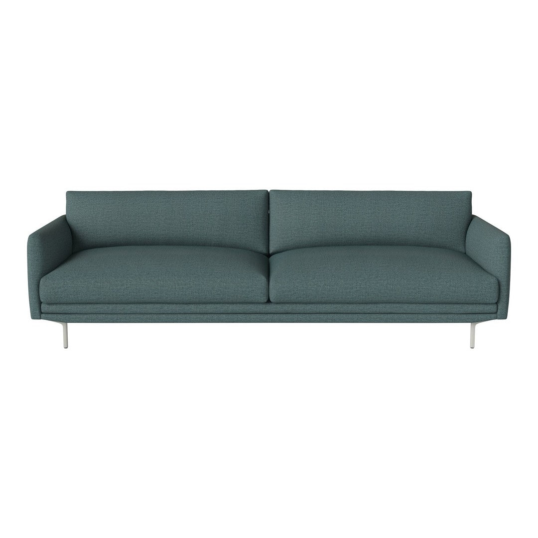 Teal upholstered sofa with a smooth, textured pattern and sleek metallic legs, perfect for modern interiors.