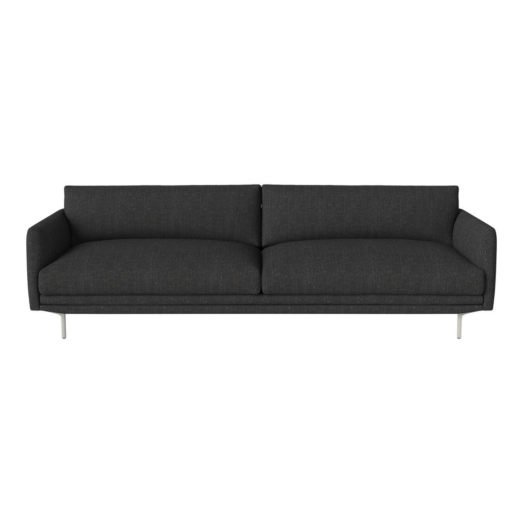 Modern dark gray sofa with smooth upholstery and sleek silver legs, ideal for contemporary living spaces.