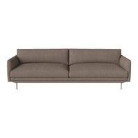 Modern brown fabric sofa with a clean design and smooth texture, featuring two wide cushions and sleek metal legs.