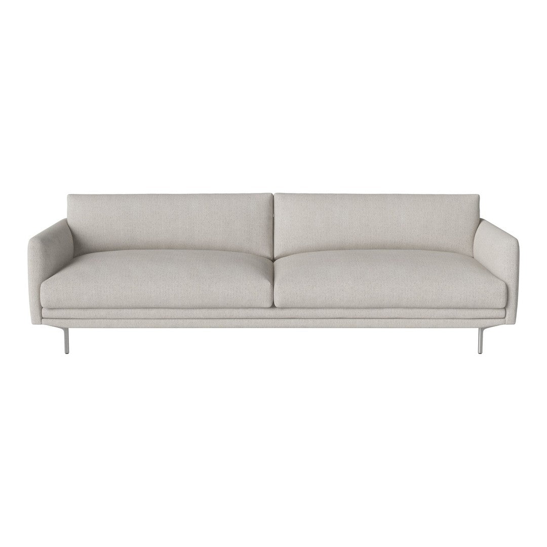 Light gray modern sofa with smooth fabric and minimalistic design, featuring two plush cushions and sleek metal legs.