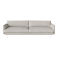 Light gray modern sofa with smooth fabric and minimalistic design, featuring two plush cushions and sleek metal legs.
