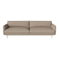 Beige fabric sofa with a smooth texture and minimalist design, featuring clean lines and polished metal legs.