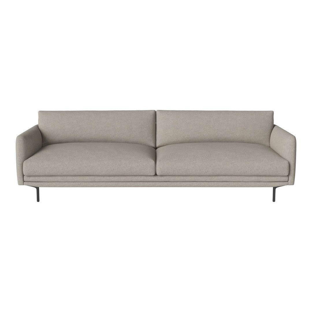 Gray fabric sofa with a simple, modern design and clean lines, featuring a solid color and no visible patterns.