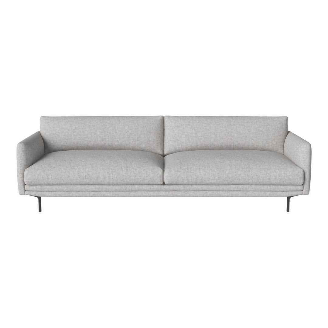 Gray fabric sofa with clean lines and subtle texture, featuring a minimalist design and sleek black legs.