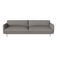 Gray upholstered sofa with clean lines and modern design, featuring a textured, solid fabric and sleek metal legs.