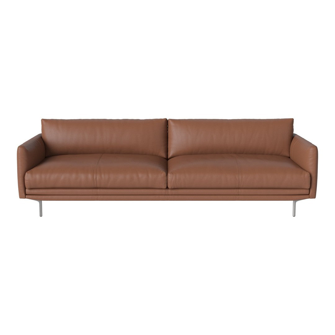 Brown leather sofa with smooth texture and sleek modern design, featuring minimalist lines and silver legs.