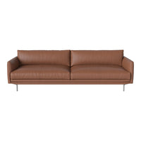 Brown leather sofa with smooth texture and sleek modern design, featuring minimalist lines and silver legs.