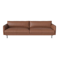 Brown leather sofa with clean lines and subtle vertical stitching on black metal legs. Elegant and modern design.