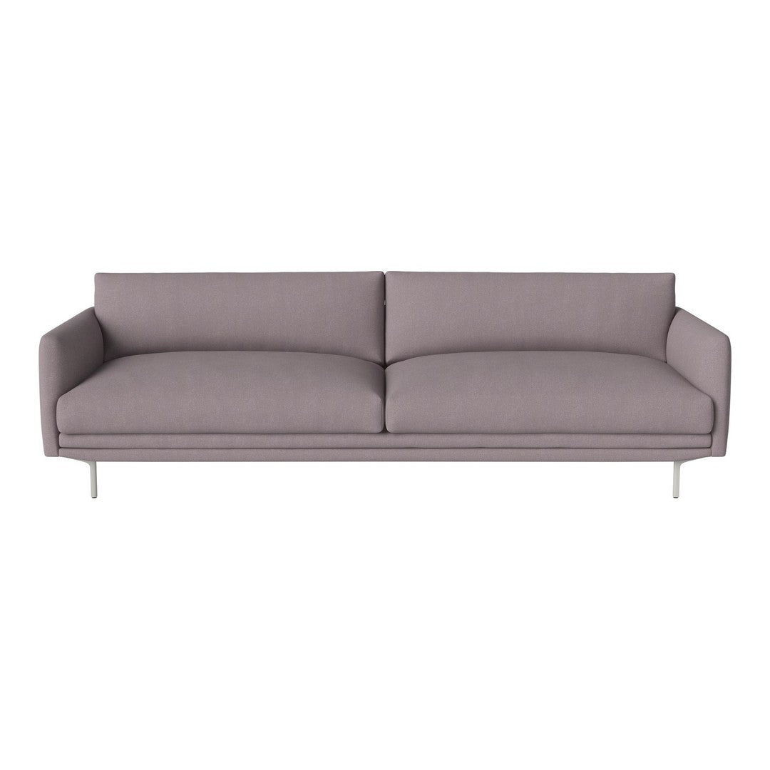 Modern gray sofa with clean lines and minimalist design, featuring a smooth fabric texture and silver legs.
