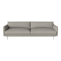 Modern gray sofa with clean lines and minimalist design, featuring smooth upholstery and sleek metal legs.