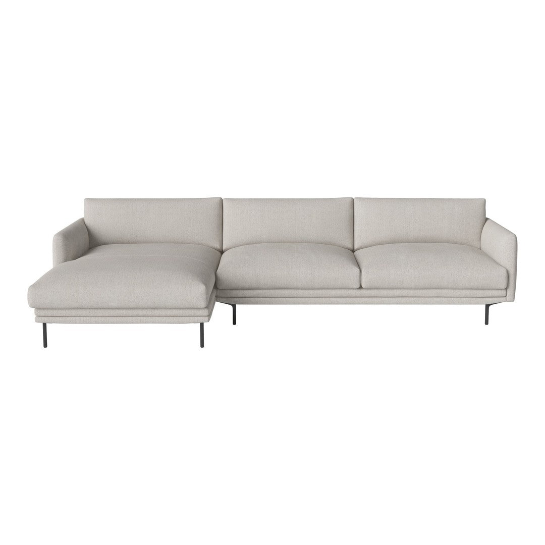 Light gray sectional sofa with clean lines and a minimalist design, featuring soft, textured upholstery.