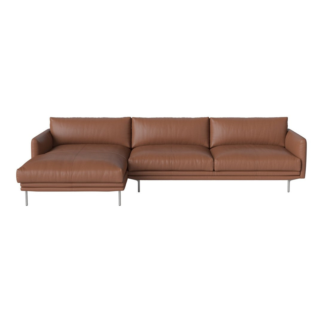 Brown leather sectional sofa with sleek design and subtle stitching details, perfect for modern living spaces.