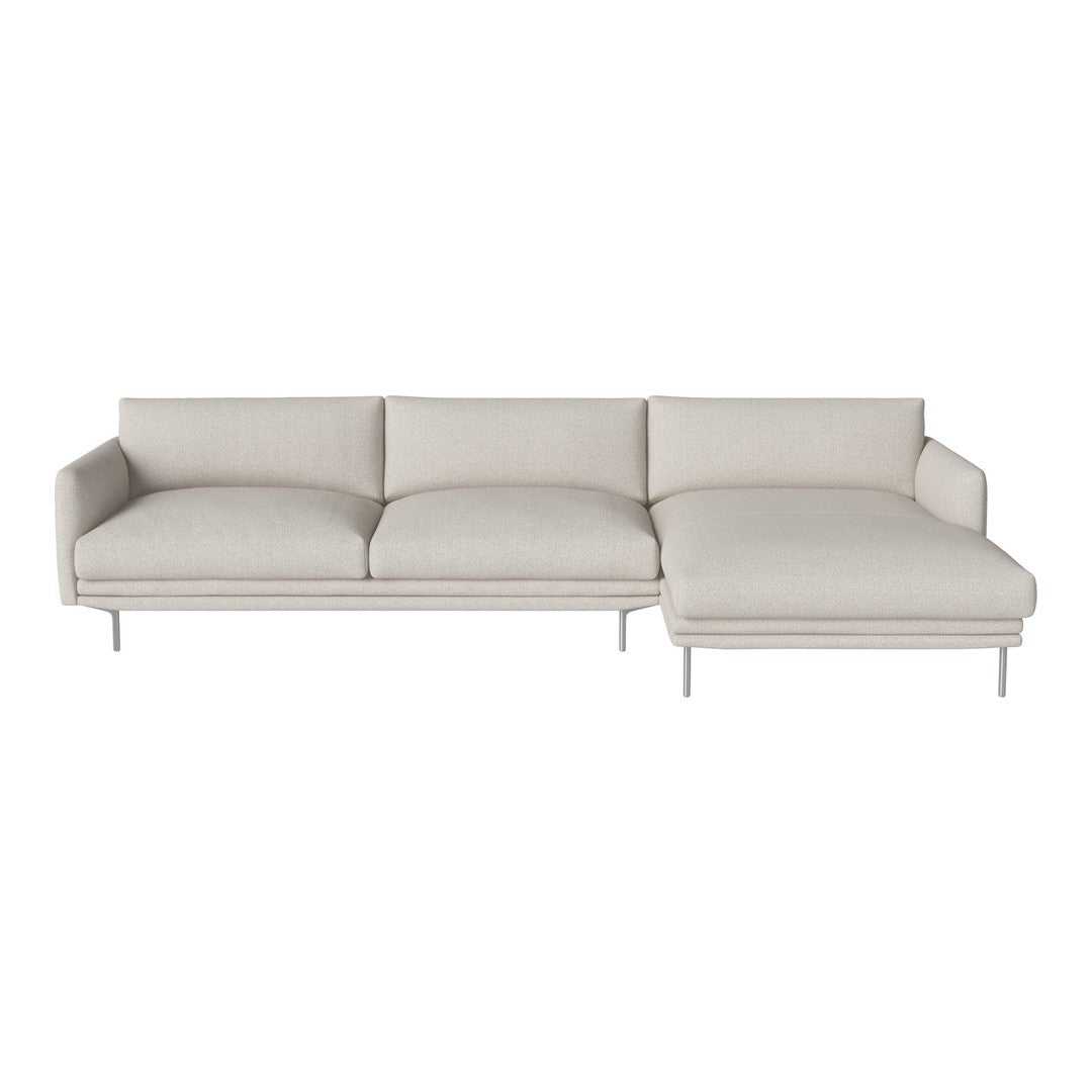 Light beige sectional sofa with a minimalist design and textured fabric, featuring solid metal legs for modern appeal.