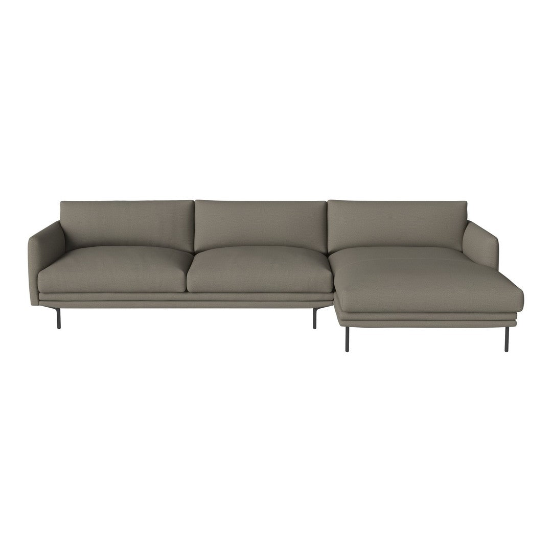 Modern grey sectional sofa with clean lines and a minimalist design, featuring soft upholstery and stainless steel legs.