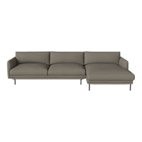 Modern grey sectional sofa with clean lines and a minimalist design, featuring soft upholstery and stainless steel legs.