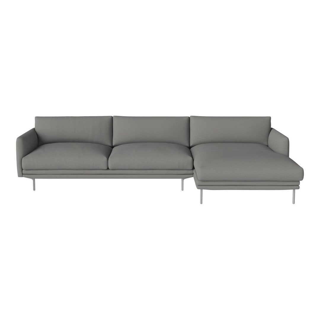 Modern gray sectional sofa with clean lines and smooth fabric upholstery. Minimalist design with metal legs.