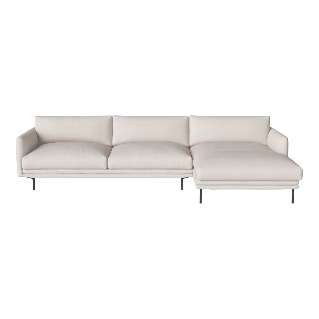 Cream-colored sectional sofa with smooth fabric, a minimalist design, and sleek metal legs. Ideal for modern decor.
