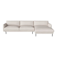 Cream-colored sectional sofa with smooth fabric, a minimalist design, and sleek metal legs. Ideal for modern decor.