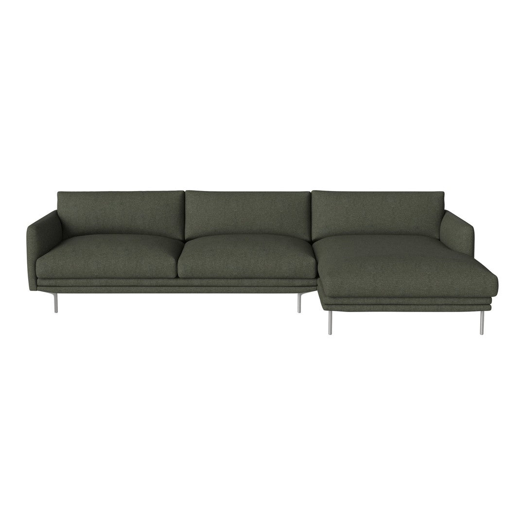 Modern dark green sectional sofa with textured fabric and clean lines, featuring a sleek metal frame.