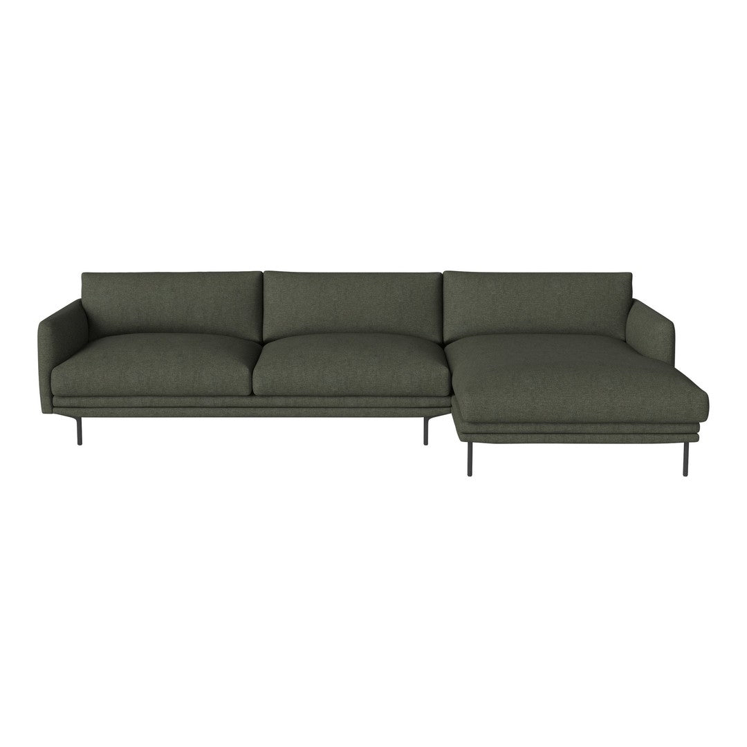 Olive green modular sofa with a sleek design and textured fabric, featuring a chaise lounge for added comfort.