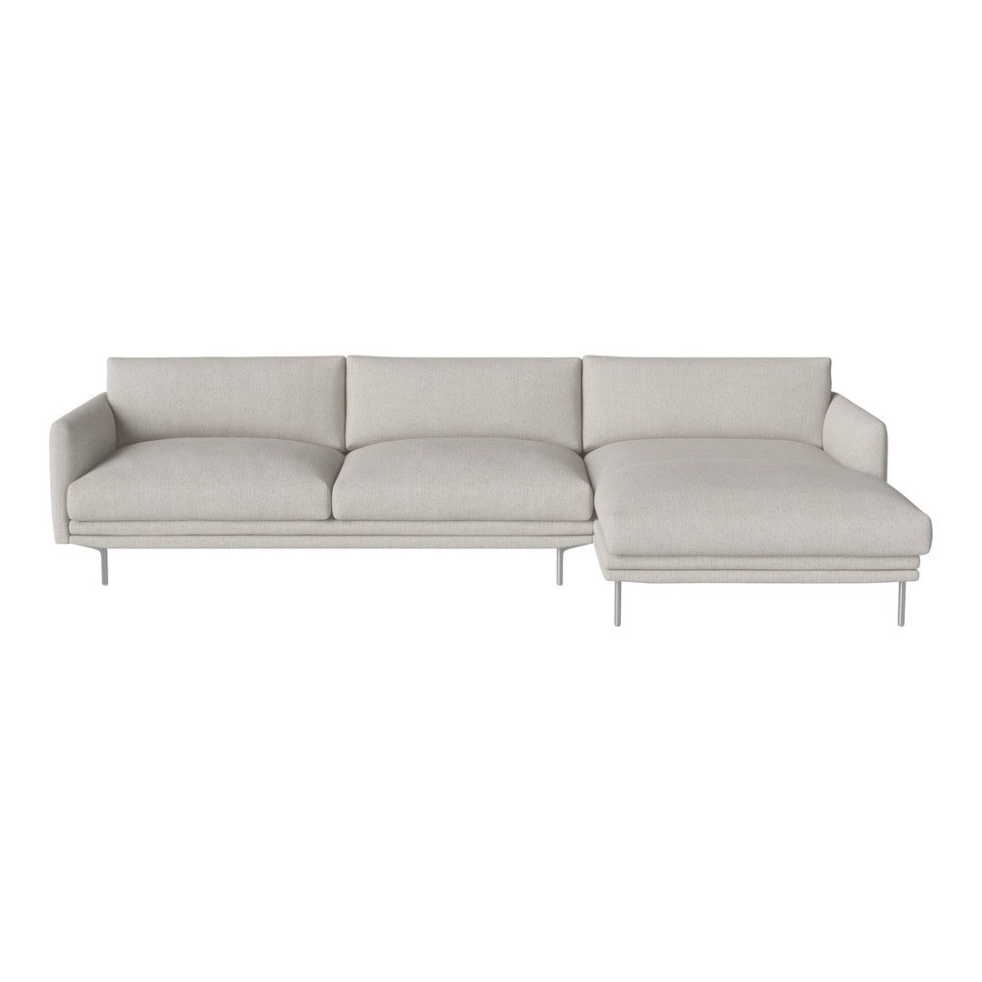 Light gray sectional sofa with smooth fabric and minimalist design, featuring soft, plush cushions and sleek metal legs.