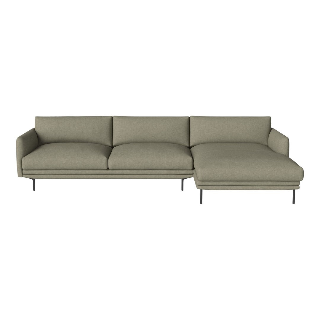 Modern sectional sofa in olive green fabric with smooth, minimalist lines and a subtle, sleek design.