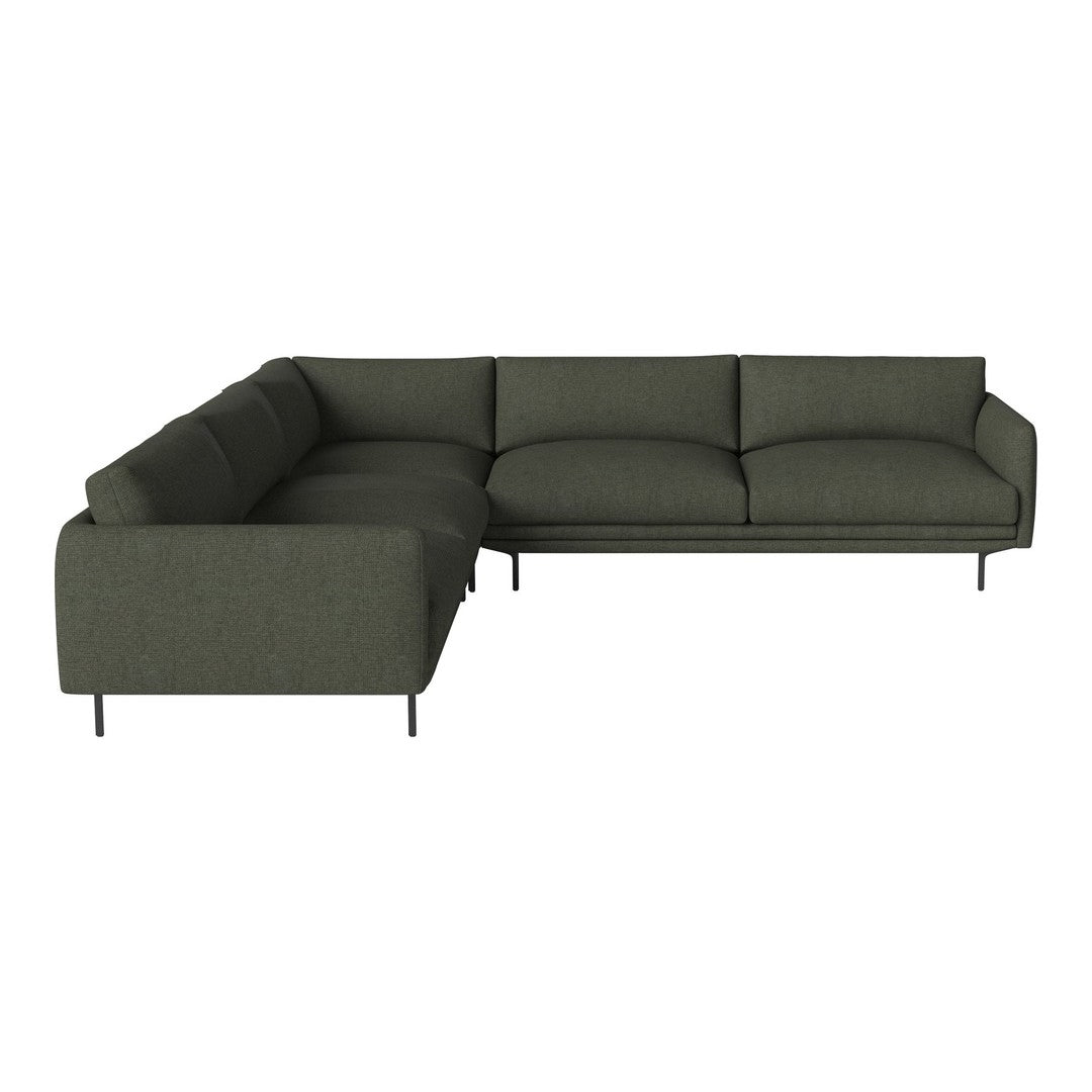 Dark green sectional sofa with a sleek design and minimalist style, featuring smooth fabric and clean lines.