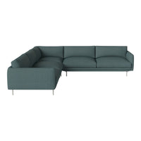 Teal fabric sectional sofa with a sleek modern design and minimalist silver legs, featuring smooth, solid upholstery.