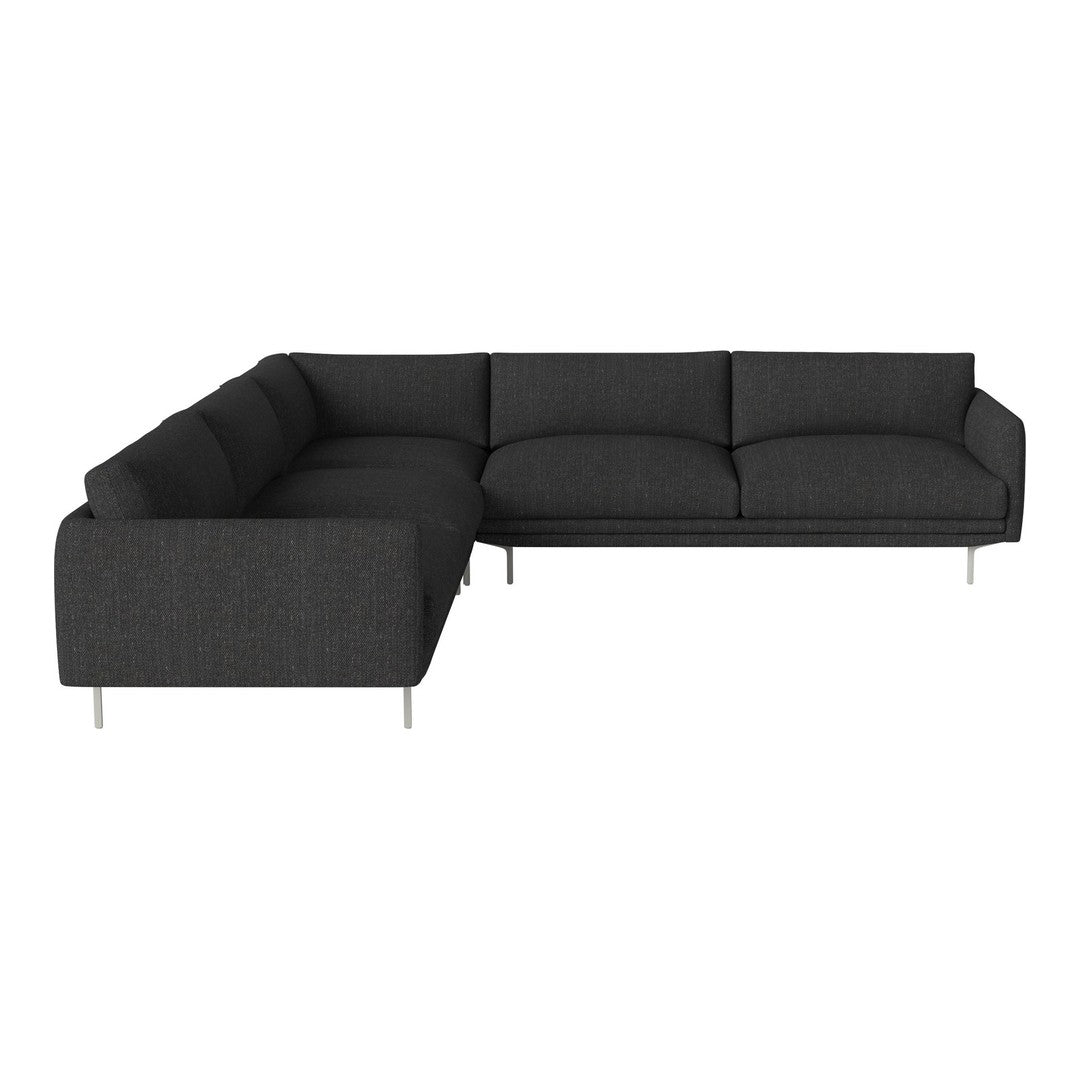Dark gray sectional sofa with a modern fabric texture and silver legs, perfect for contemporary living spaces.