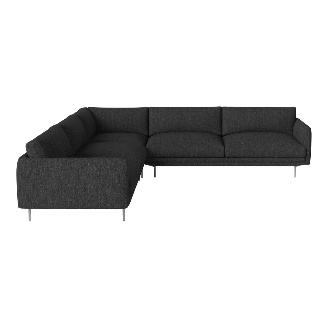 Dark gray sectional sofa with a sleek, modern design and smooth upholstery, featuring clean lines and minimalist style.