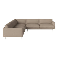 Beige sectional sofa with a sleek design and smooth fabric upholstery, featuring minimalist silver legs.