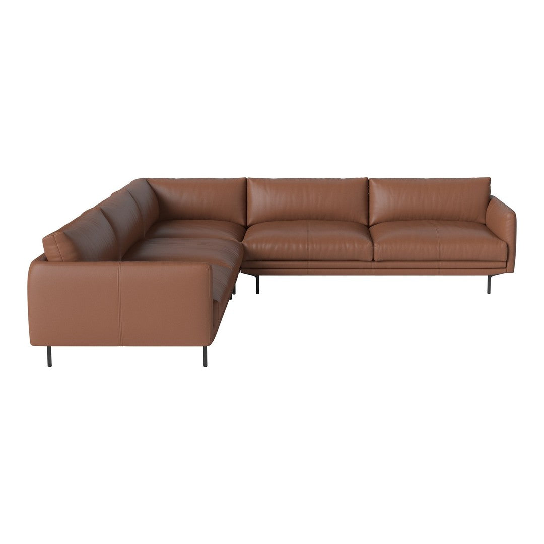 "Brown leather sectional sofa with smooth, minimalist design and sleek metal legs."