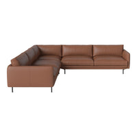 "Brown leather sectional sofa with smooth, minimalist design and sleek metal legs."