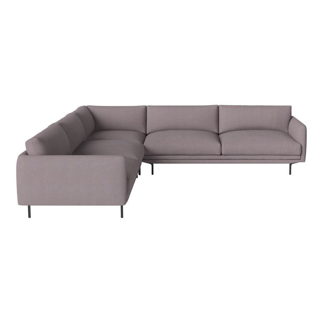 L-shaped sofa in soft gray fabric with minimalist design and sleek metal legs, perfect for modern living spaces.
