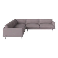 L-shaped sofa in soft gray fabric with minimalist design and sleek metal legs, perfect for modern living spaces.